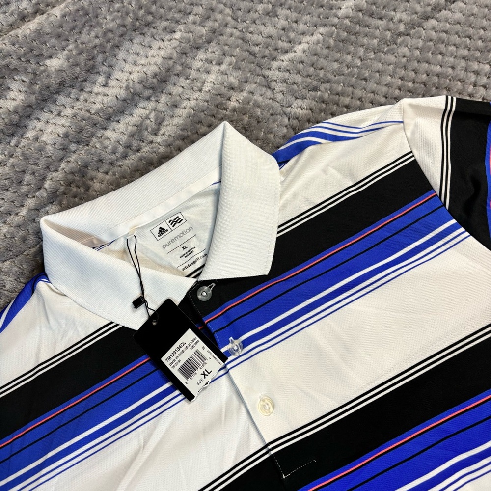Adidas Men's Pure Motion Polo with Blue, Black, and White Stripes‎